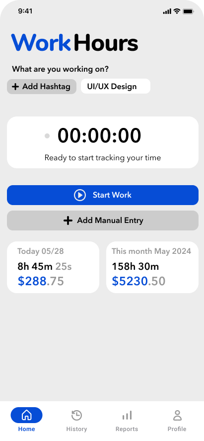 WorkHours Time Tracker App - Main Interface